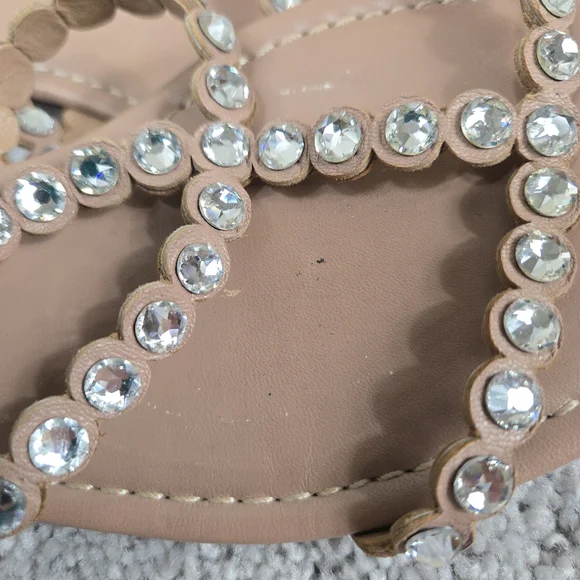 Aquazzura Tequila Crystal-Embellished Leather Flat Sandals Beige Sz 39.5 US 9.5
